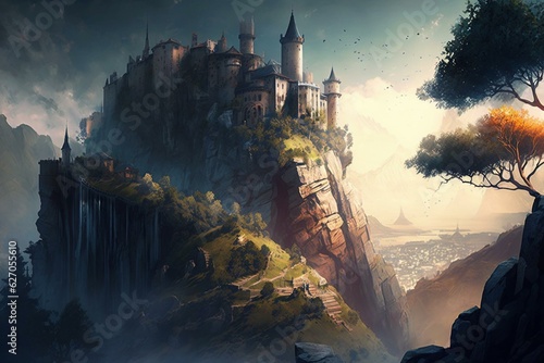 Canvastavla City and castle atop a cliff, picturesque landscape, background