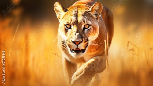 Adult lioness running at full speed in a safari. Illustration for cover, card, postcard, interior design, decor or print.