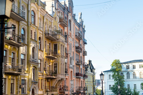 Kiev, Ukraine - July 21, 2023: old multi-storey building with balcony, city center