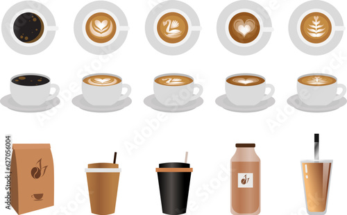 set of coffee pattern in mug vector illustration, coffee cup assortment top view collection, coffee heart, espresso, cappuccino, black coffee, set of coffee package