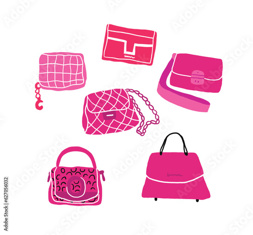 Set of various colorful female bags. Womens handbag, cross body, tote, shopper, hobo, clutch, wallet, purse. Fashionable leather accessories. Hand drawn trendy Vector illustration. Isolated elements