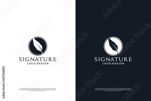 Quill signature logo design. Minimalist feather ink logo template.
