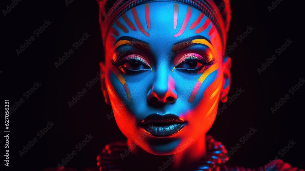 Beautiful woman with creative colorful makeup on black background. Girl with vivid face art. Fashion or cosmetics concept. Illustration for cover, postcard, interior design or print. Beautiful woman with creative colorful makeup on black background. Girl with vivid face art. Fashion or cosmetics concept. Illustration for cover, postcard, interior design or print.