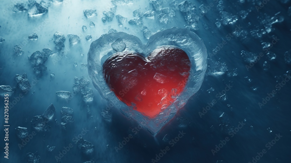 A red heart frozen in ice as a symbol of betrayal in love. Cold feeling. Generative AI illustration for cover, card, postcard, interior design, decor or print. A red heart frozen in ice as a symbol of betrayal in love. Cold feeling. Generative AI illustration for cover, card, postcard, interior design, decor or print.