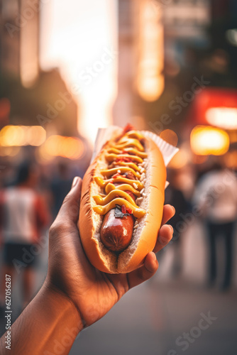 Close-Up Shot of a Hand Holding a Hot Dog with the Bustling Streets of New York in the Background