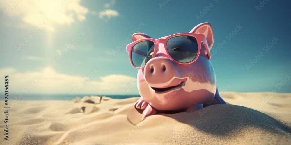 piggy bank at the beach saving money for travel fund.