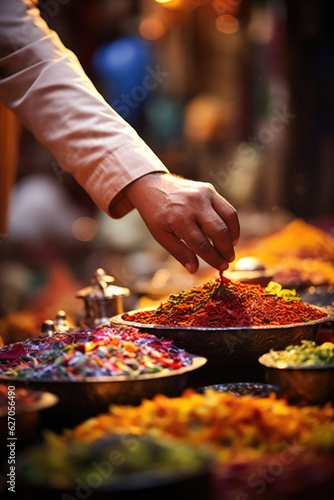 Vibrant Spice Market: Local Vendor's Skillful Handcrafting of Colorful Spices in a Captivating Street Market Display

