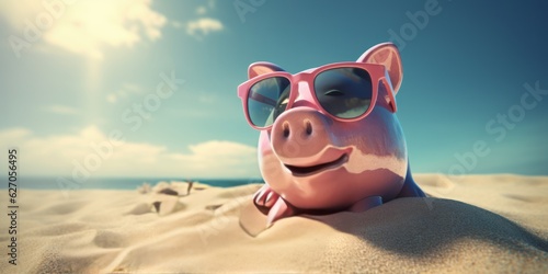piggy bank at the beach saving money for travel fund. © Ben