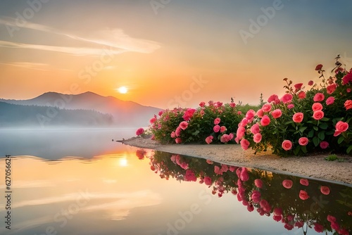 sunset over the lake generated Ai. © Raziq