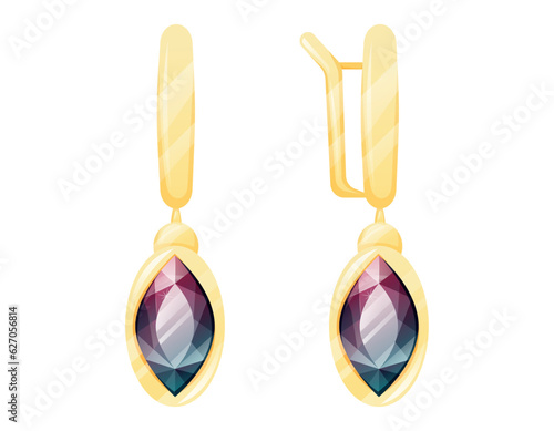 Golden royal pair of earrings with ruby gemstone. Vector isolated female expensive treasure jewelry or bijouterie.
