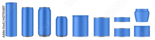 Set of blue tin cans and jars. Coffee or tea canister. Tin can for preserves or pet food. Beer, cocktail or soda can. Chips tube. Cookie jar. Round box for sugar or flour