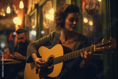 Passionate Acoustics. Woman with Soulful Voice Performing Intimate Concert with Guitar. AI Generative