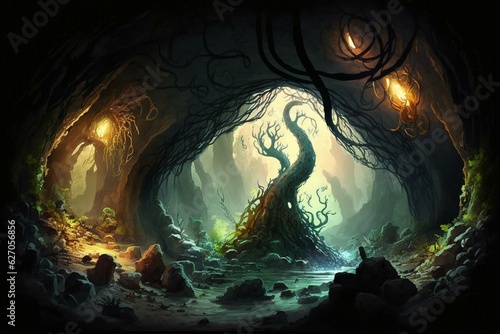 Eerie cave overrun by tentacle monsters - inspired by Lovecraft. Generative AI