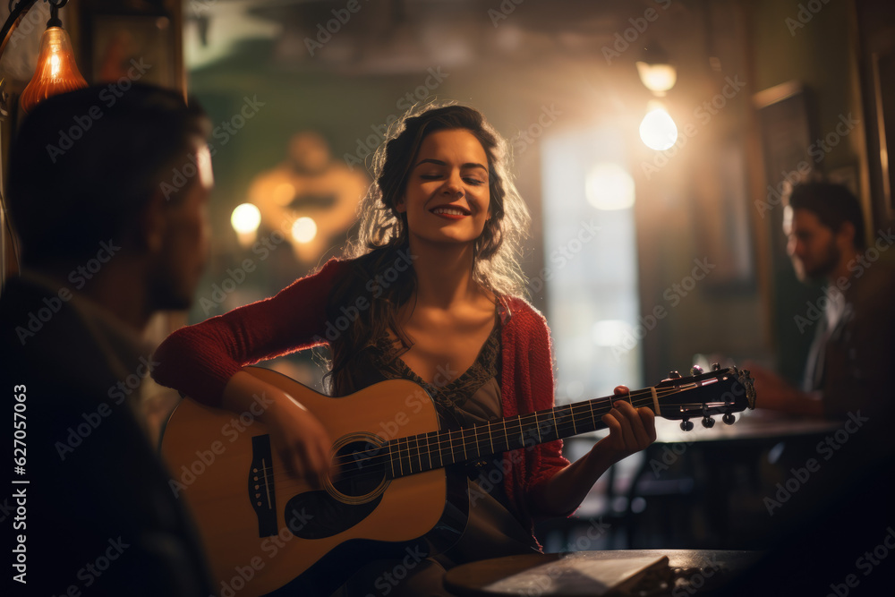 Passionate Acoustics. Woman with Soulful Voice Performing Intimate Concert with Guitar. AI Generative Passionate Acoustics. Woman with Soulful Voice Performing Intimate Concert with Guitar. AI Generative