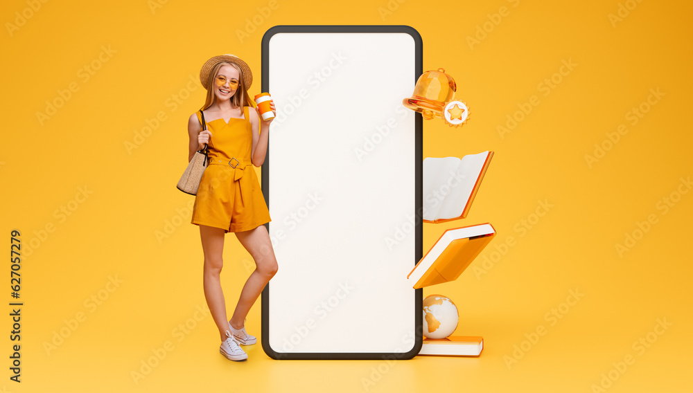 Student Lady Posing With Large Smartphone Screen On Yellow Background Student Lady Posing With Large Smartphone Screen On Yellow Background