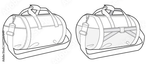 Set of Duffel bag flat sketch fashion illustration drawing template mock up, Sport duffle bag cad drawing. barrel bag flat sketch vector