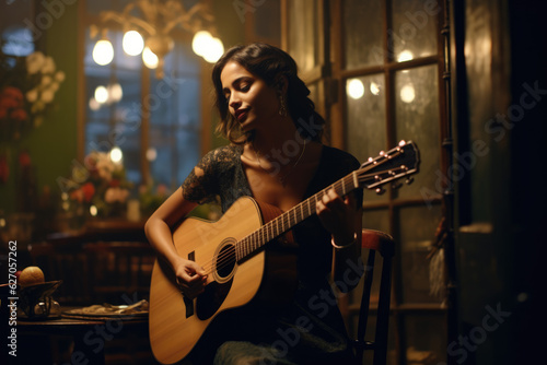 Passionate Acoustics. Woman with Soulful Voice Performing Intimate Concert with Guitar. AI Generative