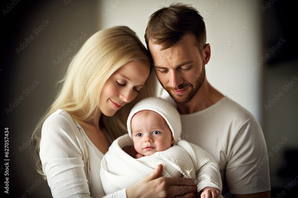 Parenthood, Father and mother and holding baby, White European, Picture, created with Generative AI technology Parenthood, Father and mother and holding baby, White European, Picture, created with Generative AI technology