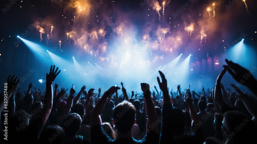 Cheering Crowd. Concert Lights. Live Concert, Rock, Party, Festival Night Club Crowd Cheering, Stage Lights and Confetti Falling. Background with a Copy Space. Made With Generative AI.