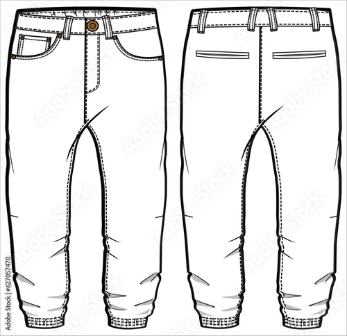 Baby boy Jogger pant trouser design flat sketch fashion illustration vector template with front and back view, Toddler baby Casual chino jogger bottom pants cad drawing mock up