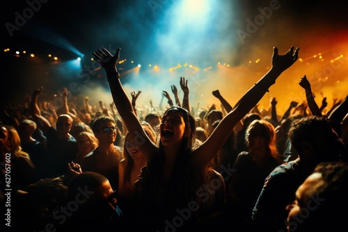 Live Concert, Rock, Party, Festival Night Club Crowd Cheering, Stage Lights and Confetti Falling. Cheering Crowd. Concert Lights. Background with a Copy Space. Made With Generative AI.