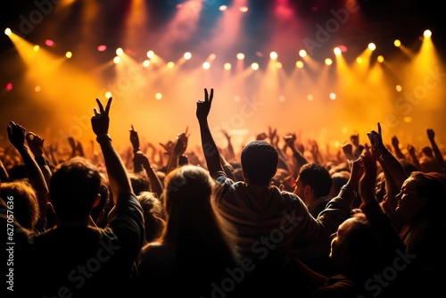 Live Concert, Rock, Party, Festival Night Club Crowd Cheering, Stage Lights and Confetti Falling. Cheering Crowd. Concert Lights. Background with a Copy Space. Made With Generative AI.