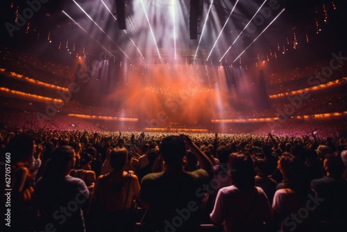 Live Concert, Rock, Party, Festival Night Club Crowd Cheering, Stage Lights and Confetti Falling. Cheering Crowd. Concert Lights. Background with a Copy Space. Made With Generative AI. © John Martin