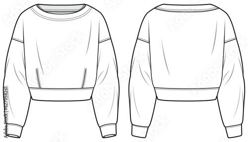 Women Long sleeve Crop top T-Shirt design flat sketch fashion illustration with front and back view. Drop Shoulder sweatshirt Over sized Knitted top t shirt