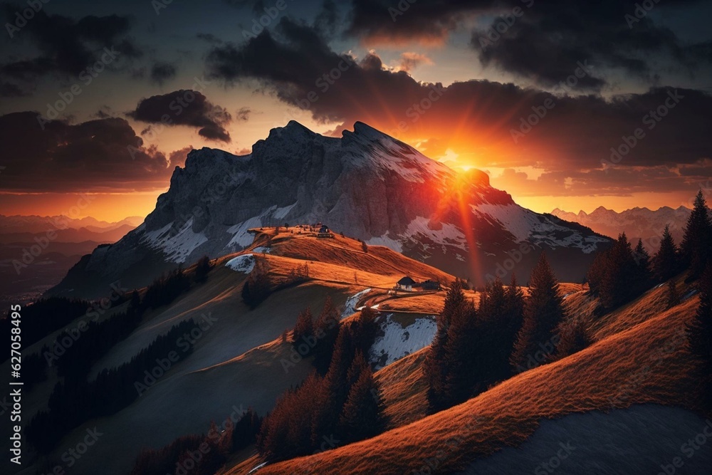 Sunset in the Alpstein mountain range. Generative AI