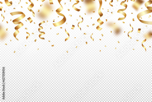 Festive vector illustration of falling shiny gold foil confetti and tinsels on a transparent background. Suitable for holiday poster, Christmas greeting card, wedding or birthday party invitation