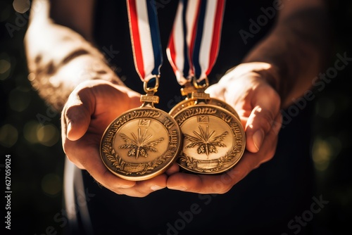 Holding medals for victorious athletes. Photo generative AI photo