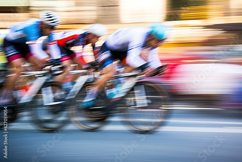 Motion blurred cyclists in colorful image.Trocadéro, Paris . Photo generative AI © pixardi