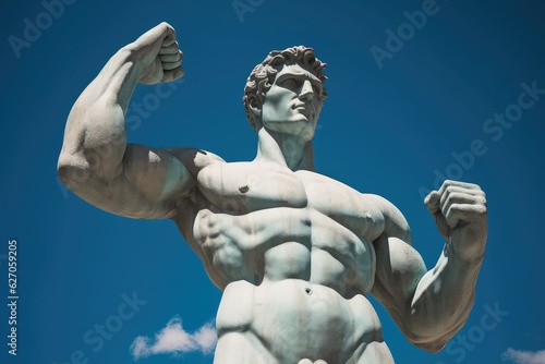 Blue sky boxer statue with raised fists. Photo generative AI