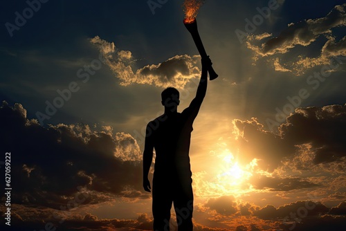 Man holding torch on sunset cloud background. Photo generative AI