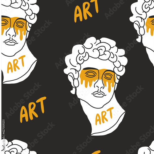 Seamless pattern with greek sculptures. Men faces. Stylish black background. pop art, modern antiquity. Vector illustration