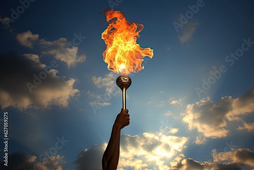 Glorious hand holds flaming torch against cloudy sky, Paris 2024. Photo generative AI