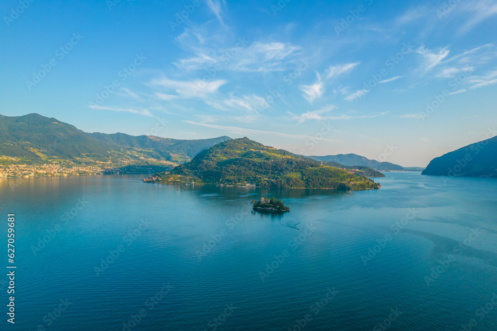 Aerial view of Loreto Island with the castle on Lake Iseo in Northern Italy, Brescia, Lombardy.