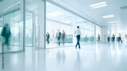 blurred business people in white glass office background. Generative AI