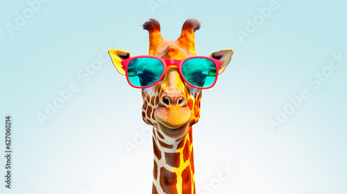 Cartoon colorful giraffe with sunglasses on white background. Generative AI