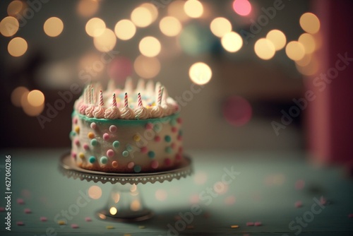 Pastel birthday cake on whimsical platform, softly lit and captured with tilt-shift lens. Generative AI