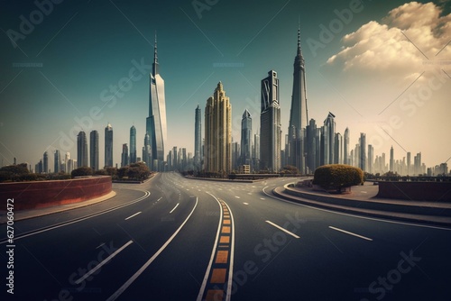 City skyline and modern buildings on an asphalt road in Shanghai, China. Generative AI