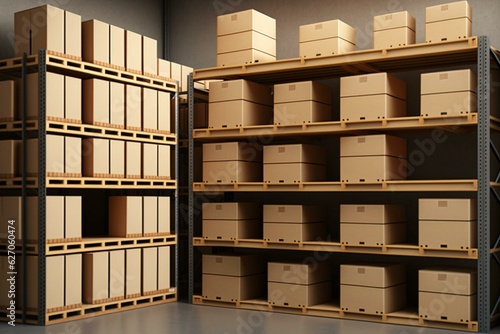 Industrial storage shelves lined with boxes. Generative AI