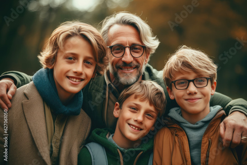 A Father's Love. Single Father or Widower Surrounded by Happy Children. Bonding Moments Concept. AI Generative 