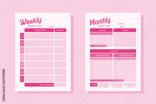 Pink minimalistic monthly and weekly financial planners. Budget management in raspberry color. Total of income and expenses.
