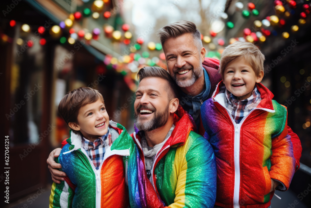 Joyful Gay Family Portrait: Dads with their kids with matching outfits, all smiling happily in front of Christmas lights in outdoors. AI Generative