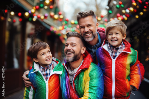 Joyful Gay Family Portrait: Dads with their kids with matching outfits, all smiling happily in front of Christmas lights in outdoors. AI Generative