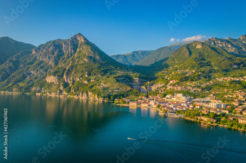 Marone  Lake Iseo. Aerial panoramic sunset view of Marone town surrounded by mountains and located in Iseo Lake  Brescia  Lombardy  Italy