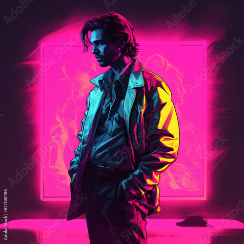 A cyberpunk style poster of a man posing in front of a vibrant pink backdrop Generative Ai