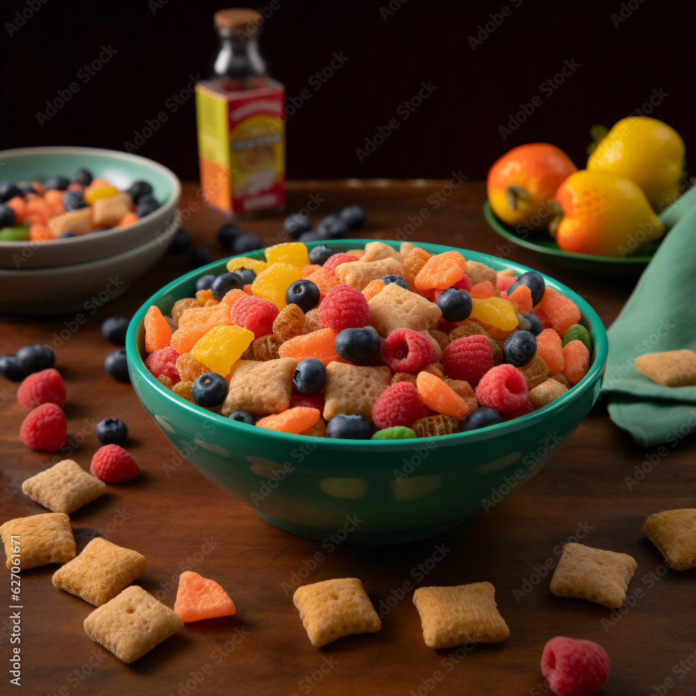 A colorful bowl of fruit and cereal on a table Generative Ai A colorful bowl of fruit and cereal on a table Generative Ai