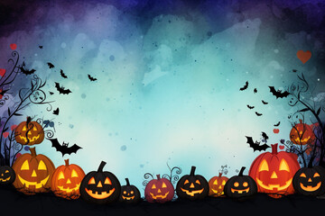Spooky halloween illustration, pumpkins castle, dark, cartoon style for kids. High quality photo